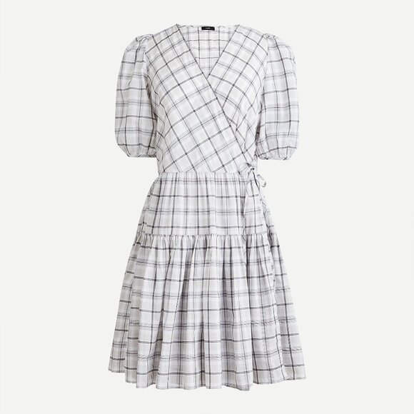 NWT J.Crew Oyster Plaid Puff Sleeve Wrap Mini Dress Cotton Voile M - Picture 8 of 9